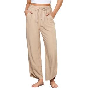 imageGRAPENT Linen Pants Women High Waisted Wide Leg Casual Beach Pull On Elastic Waist Summer Cropped Pants with PocketsAlmond