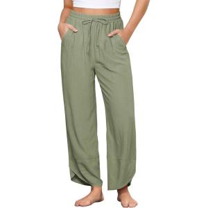 imageGRAPENT Linen Pants Women High Waisted Wide Leg Casual Beach Pull On Elastic Waist Summer Cropped Pants with PocketsArmy Green