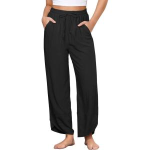 imageGRAPENT Linen Pants Women High Waisted Wide Leg Casual Beach Pull On Elastic Waist Summer Cropped Pants with PocketsBlack