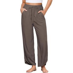 imageGRAPENT Linen Pants Women High Waisted Wide Leg Casual Beach Pull On Elastic Waist Summer Cropped Pants with PocketsBrown