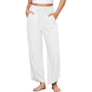 imageGRAPENT Linen Pants Women High Waisted Wide Leg Casual Beach Pull On Elastic Waist Summer Cropped Pants with PocketsCream White
