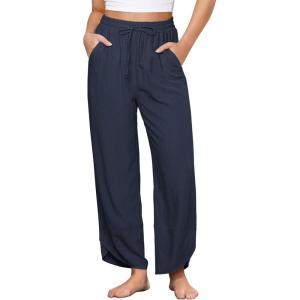 imageGRAPENT Linen Pants Women High Waisted Wide Leg Casual Beach Pull On Elastic Waist Summer Cropped Pants with PocketsNavy Blue