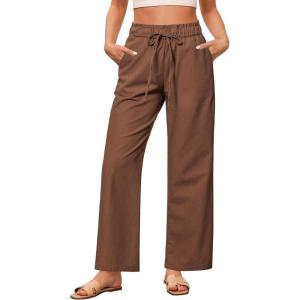 imageGRAPENT Linen Pants Women Wide Leg High Waisted Flowy Summer Beach Elastic Waist Pull On Baggy Palazzo Pants with PocketBrown