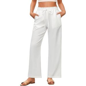 imageGRAPENT Linen Pants Women Wide Leg High Waisted Flowy Summer Beach Elastic Waist Pull On Baggy Palazzo Pants with PocketCream White