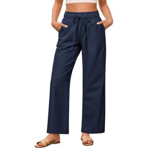 imageGRAPENT Linen Pants Women Wide Leg High Waisted Flowy Summer Beach Elastic Waist Pull On Baggy Palazzo Pants with PocketDark Blue