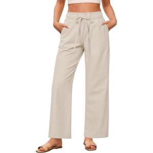 imageGRAPENT Linen Pants Women Wide Leg High Waisted Flowy Summer Beach Elastic Waist Pull On Baggy Palazzo Pants with PocketLight Khaki