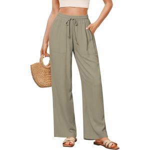 imageGRAPENT Linen Pants for Women Wide Leg High Waisted Baggy Drawstring Elastic Waist Palazzo Trousers Pants with PocketsArmy Green