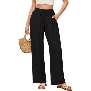 imageGRAPENT Linen Pants for Women Wide Leg High Waisted Baggy Drawstring Elastic Waist Palazzo Trousers Pants with PocketsBlack