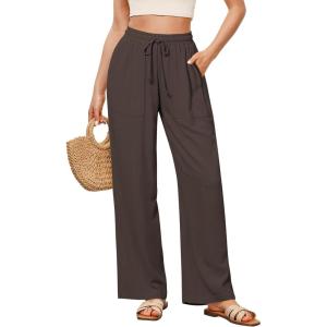 imageGRAPENT Linen Pants for Women Wide Leg High Waisted Baggy Drawstring Elastic Waist Palazzo Trousers Pants with PocketsCoffee Brown