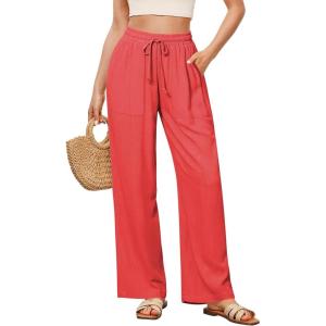 imageGRAPENT Linen Pants for Women Wide Leg High Waisted Baggy Drawstring Elastic Waist Palazzo Trousers Pants with PocketsCoral