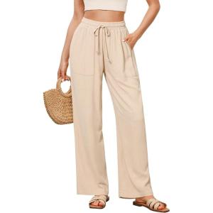 imageGRAPENT Linen Pants for Women Wide Leg High Waisted Baggy Drawstring Elastic Waist Palazzo Trousers Pants with PocketsLight Beige
