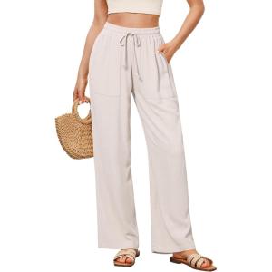 imageGRAPENT Linen Pants for Women Wide Leg High Waisted Baggy Drawstring Elastic Waist Palazzo Trousers Pants with PocketsNatural