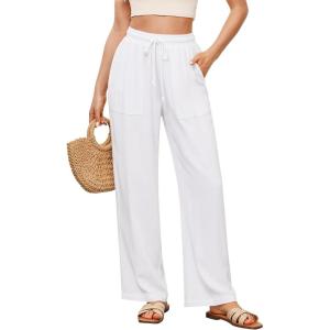 imageGRAPENT Linen Pants for Women Wide Leg High Waisted Baggy Drawstring Elastic Waist Palazzo Trousers Pants with PocketsWhite