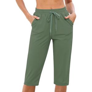 imageGRAPENT Swim Capris for Women High Waisted 15 Beach Swim Pants Long Board Shorts Swimsuit Bottoms with Brief PocketsArmy Green