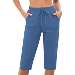 imageGRAPENT Swim Capris for Women High Waisted 15 Beach Swim Pants Long Board Shorts Swimsuit Bottoms with Brief PocketsMykonos Blue