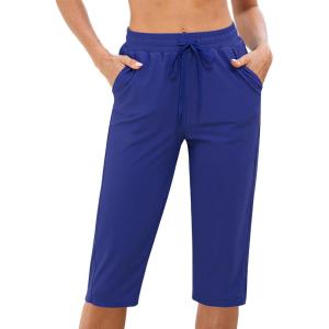 imageGRAPENT Swim Capris for Women High Waisted 15 Beach Swim Pants Long Board Shorts Swimsuit Bottoms with Brief PocketsNautical Blue