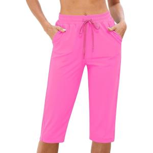 imageGRAPENT Swim Capris for Women High Waisted 15 Beach Swim Pants Long Board Shorts Swimsuit Bottoms with Brief PocketsNeon Pink