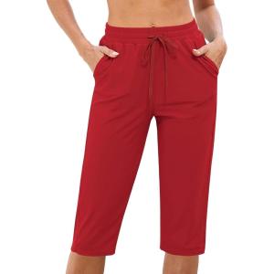 imageGRAPENT Swim Capris for Women High Waisted 15 Beach Swim Pants Long Board Shorts Swimsuit Bottoms with Brief PocketsRed
