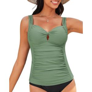 imageGRAPENT Tankini Tops for Women Twist Front Keyhole Bathing Suits Swim Tankini Swimsuits Padded Ruched Swimwear Top OnlyArmy Green