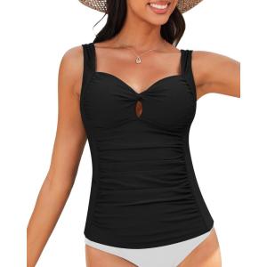 imageGRAPENT Tankini Tops for Women Twist Front Keyhole Bathing Suits Swim Tankini Swimsuits Padded Ruched Swimwear Top OnlyBlack