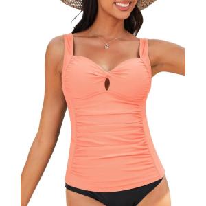 imageGRAPENT Tankini Tops for Women Twist Front Keyhole Bathing Suits Swim Tankini Swimsuits Padded Ruched Swimwear Top OnlyPeach Pink