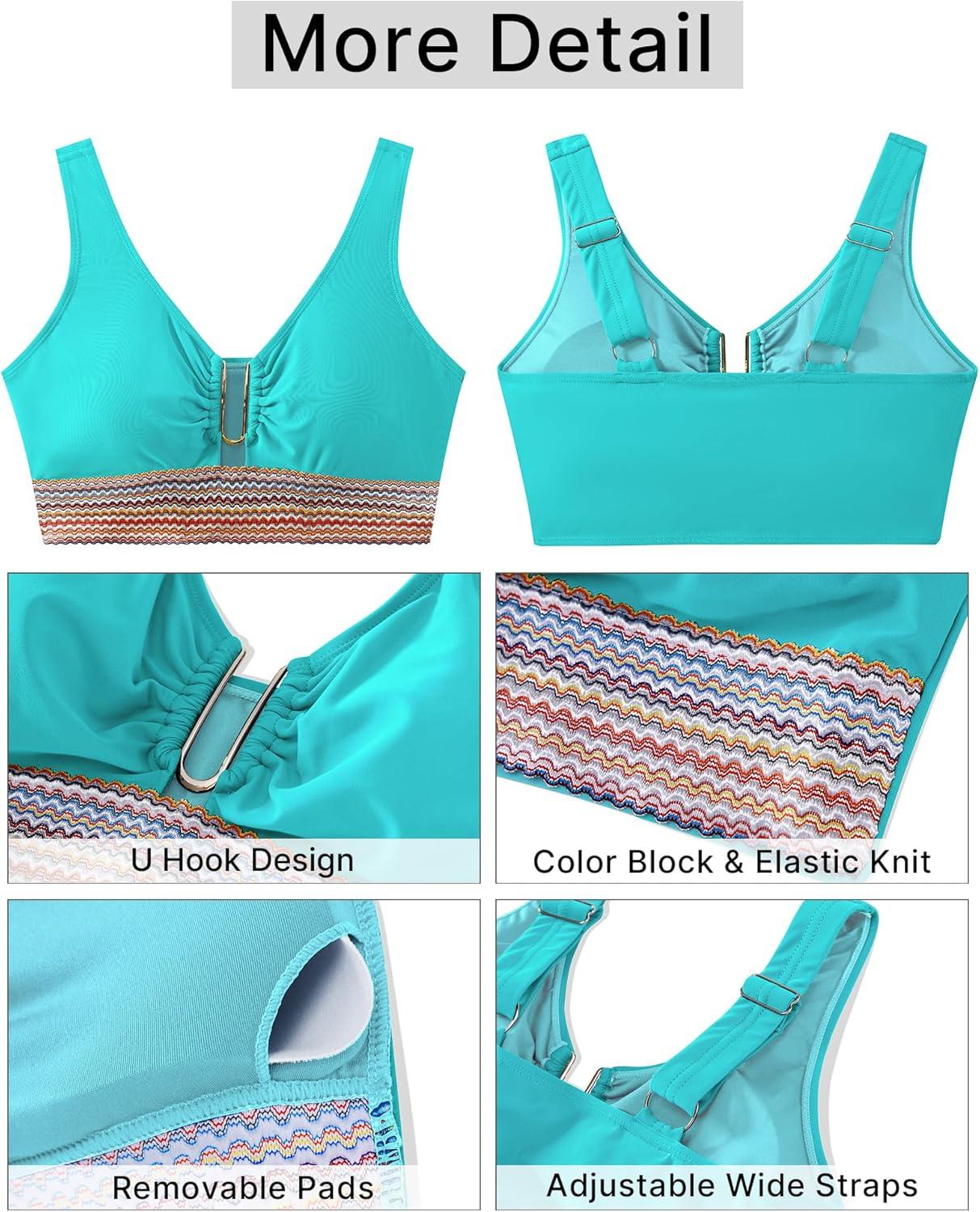 imageGRAPENT Bikini Top for Women Color Block U Hook Padded Adjustable Straps Bathing Suit Swim Tops Only Beach Resort WearAqua Blue