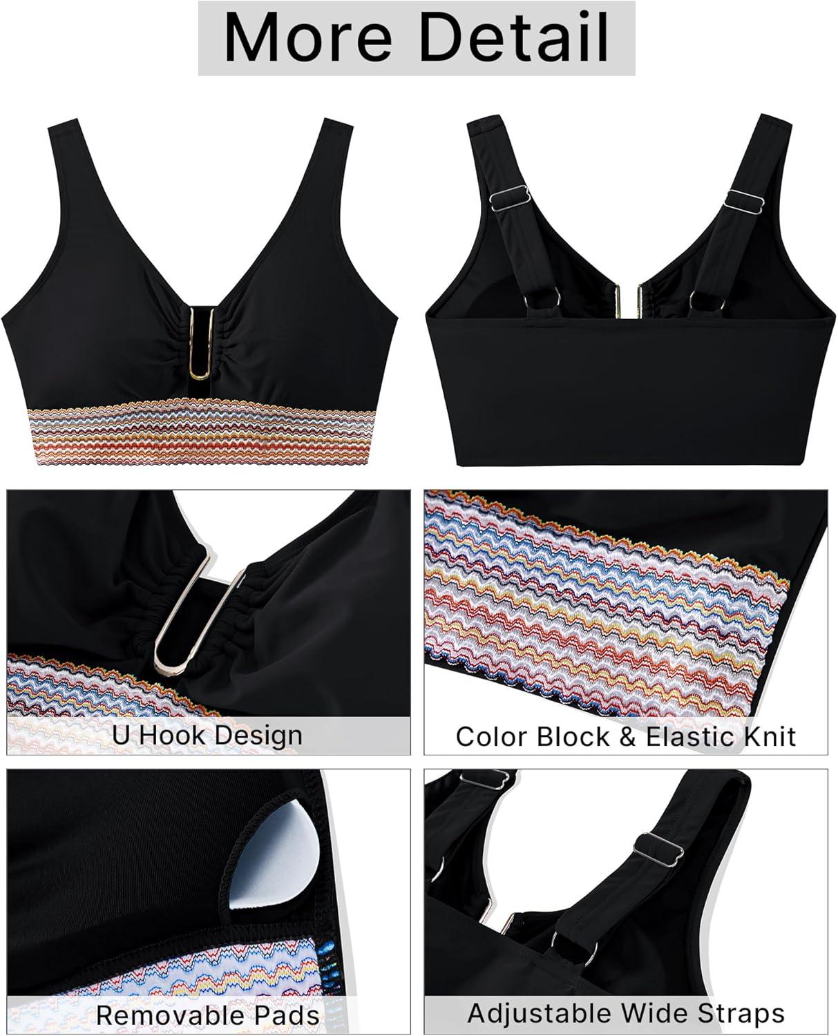 imageGRAPENT Bikini Top for Women Color Block U Hook Padded Adjustable Straps Bathing Suit Swim Tops Only Beach Resort WearBlack