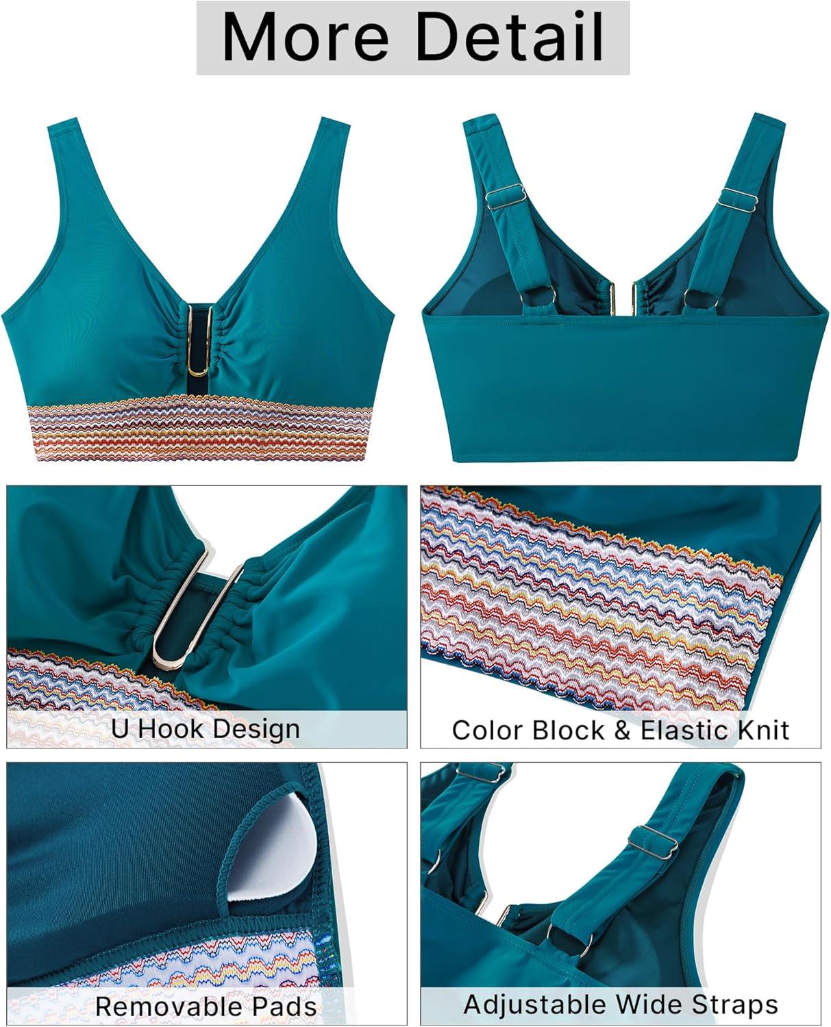 imageGRAPENT Bikini Top for Women Color Block U Hook Padded Adjustable Straps Bathing Suit Swim Tops Only Beach Resort WearDeep Lagoon