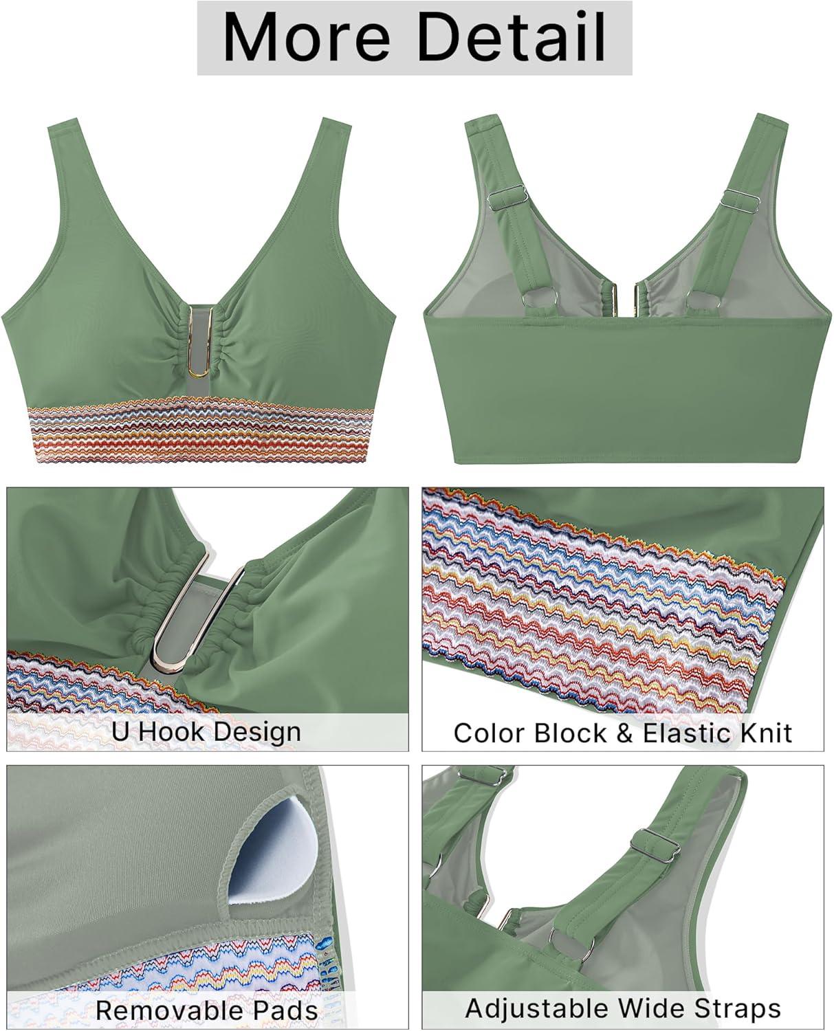imageGRAPENT Bikini Top for Women Color Block U Hook Padded Adjustable Straps Bathing Suit Swim Tops Only Beach Resort WearIceberg Green