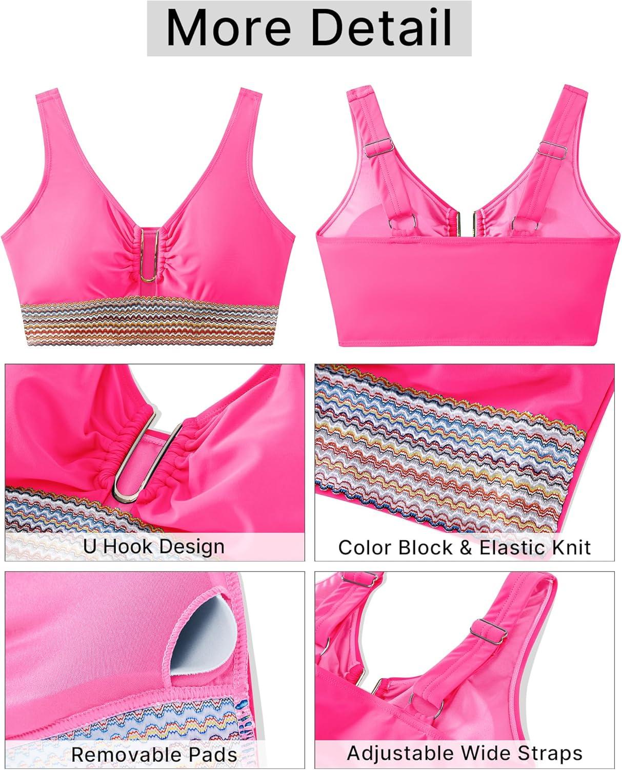 imageGRAPENT Bikini Top for Women Color Block U Hook Padded Adjustable Straps Bathing Suit Swim Tops Only Beach Resort WearNeon Pink