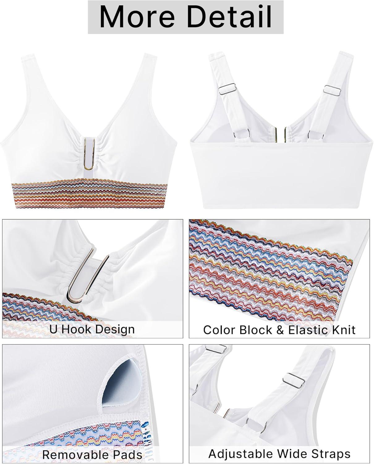 imageGRAPENT Bikini Top for Women Color Block U Hook Padded Adjustable Straps Bathing Suit Swim Tops Only Beach Resort WearWhite