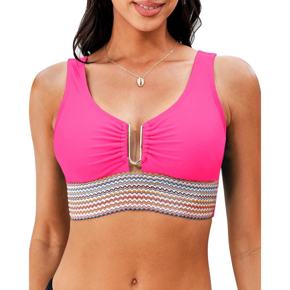 imageGRAPENT Bikini Top for Women Color Block U Hook Padded Adjustable Straps Bathing Suit Swim Tops Only Beach Resort WearNeon Pink