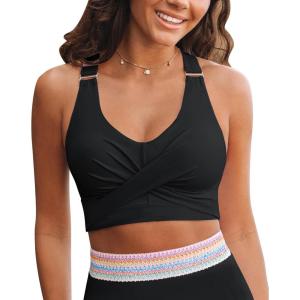 imageGRAPENT Bikini Tops for Women Twist Front Ruched Bathing Suit Adjustable Crisscross Back Cropped Tankini Swim Top OnlyBlack