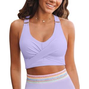 imageGRAPENT Bikini Tops for Women Twist Front Ruched Bathing Suit Adjustable Crisscross Back Cropped Tankini Swim Top OnlyLavender