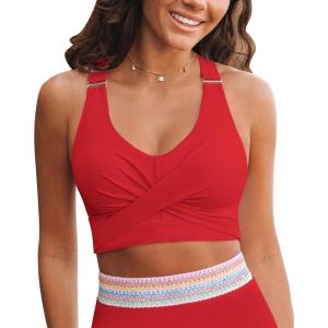 imageGRAPENT Bikini Tops for Women Twist Front Ruched Bathing Suit Adjustable Crisscross Back Cropped Tankini Swim Top OnlyRed