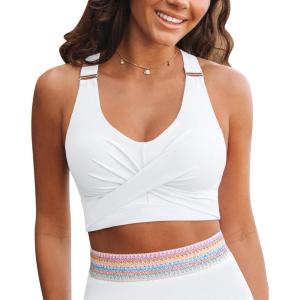imageGRAPENT Bikini Tops for Women Twist Front Ruched Bathing Suit Adjustable Crisscross Back Cropped Tankini Swim Top OnlyWhite