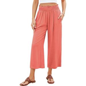 imageGRAPENT Capri Pants for Women High Waisted Wide Leg Linen Palazzo Trousers Pull On Elastic Smock Waist Loose Flowy PantsCoral