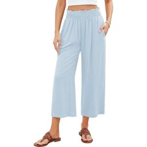 imageGRAPENT Capri Pants for Women High Waisted Wide Leg Linen Palazzo Trousers Pull On Elastic Smock Waist Loose Flowy PantsSky Blue