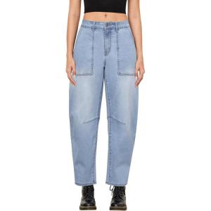 imageGRAPENT Barrel Jeans for Women High Waisted Trendy Wide Leg Baggy Ankle Length Stretchy Denim Trouser Jeans with PocketsCrystal Blue