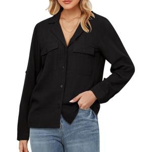 imageGRAPENT Linen Shirts for Women Trendy Button Down Long Sleeve Shirts Dressy Causal Summer Loose Fit Tops with PocketsBlack