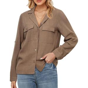 imageGRAPENT Linen Shirts for Women Trendy Button Down Long Sleeve Shirts Dressy Causal Summer Loose Fit Tops with PocketsCoco Mocha