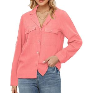 imageGRAPENT Linen Shirts for Women Trendy Button Down Long Sleeve Shirts Dressy Causal Summer Loose Fit Tops with PocketsCoral Red