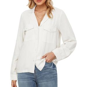 imageGRAPENT Linen Shirts for Women Trendy Button Down Long Sleeve Shirts Dressy Causal Summer Loose Fit Tops with PocketsCream White