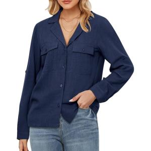 imageGRAPENT Linen Shirts for Women Trendy Button Down Long Sleeve Shirts Dressy Causal Summer Loose Fit Tops with PocketsDark Blue