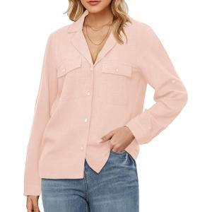 imageGRAPENT Linen Shirts for Women Trendy Button Down Long Sleeve Shirts Dressy Causal Summer Loose Fit Tops with PocketsSmoky Rose Pink