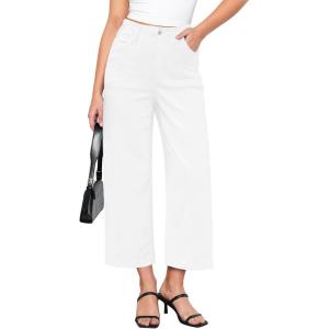 imageGRAPENT Wide Leg Jeans Woman Trendy Cropped High Waisted Front Seam Casual Stretchy Denim Trouser Jeans with PocketsCream White
