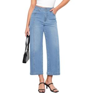 imageGRAPENT Wide Leg Jeans Woman Trendy Cropped High Waisted Front Seam Casual Stretchy Denim Trouser Jeans with PocketsLennox Blue