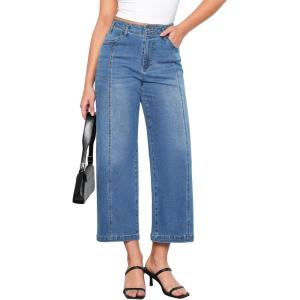 imageGRAPENT Wide Leg Jeans Woman Trendy Cropped High Waisted Front Seam Casual Stretchy Denim Trouser Jeans with PocketsMedium Blue
