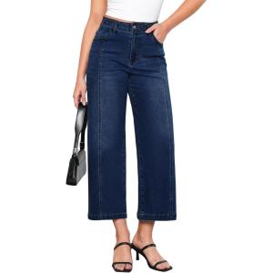 imageGRAPENT Wide Leg Jeans Woman Trendy Cropped High Waisted Front Seam Casual Stretchy Denim Trouser Jeans with PocketsNightfall Blue