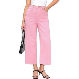 imageGRAPENT Wide Leg Jeans Woman Trendy Cropped High Waisted Front Seam Casual Stretchy Denim Trouser Jeans with PocketsRose Pink